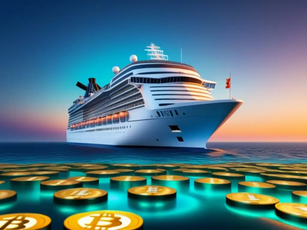 Un crucero navega en un mar digital de criptomonedas, con Bitcoin, Ethereum y otros símbolos flotando alrededor