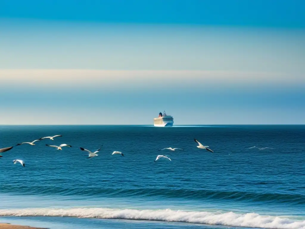 Un crucero en un mar sereno bajo un cielo azul, rodeado de olas suaves y gaviotas