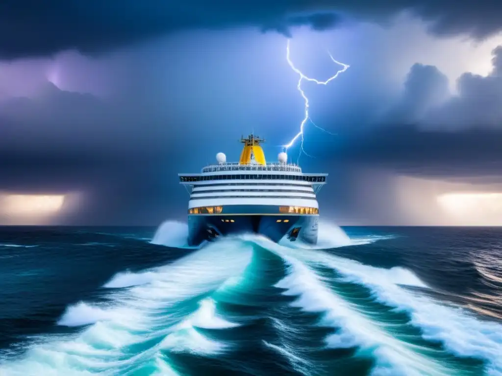 Un crucero surca mares turbulentos bajo un cielo tormentoso, con relámpagos al fondo, evocando amenazas de ciberseguridad en cruceros marítimos