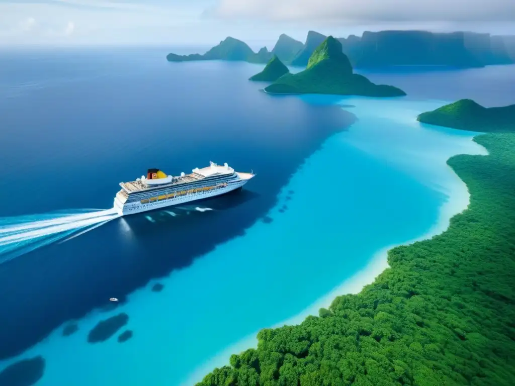 Un crucero marítimo navegando en aguas cristalinas, rodeado de exuberante vegetación en islas tropicales