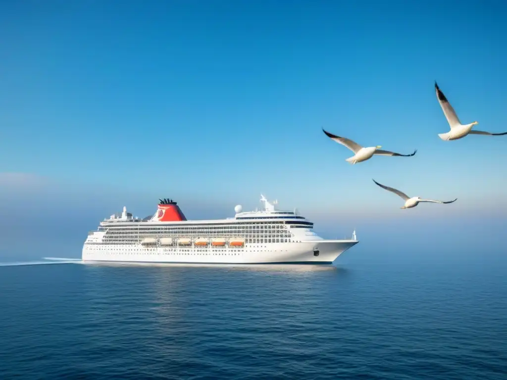 Un crucero marítimo transita aguas tranquilas bajo un cielo azul, rodeado de gaviotas