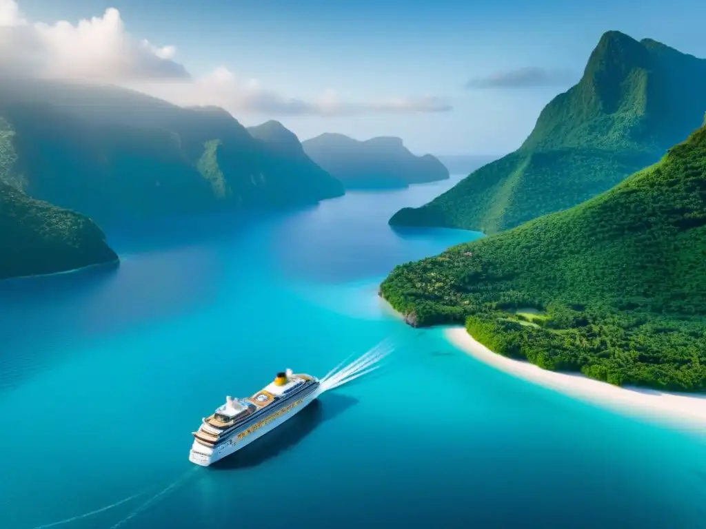 Un crucero marítimo en aguas turquesas rodeado de islas verdes, en un atardecer dorado