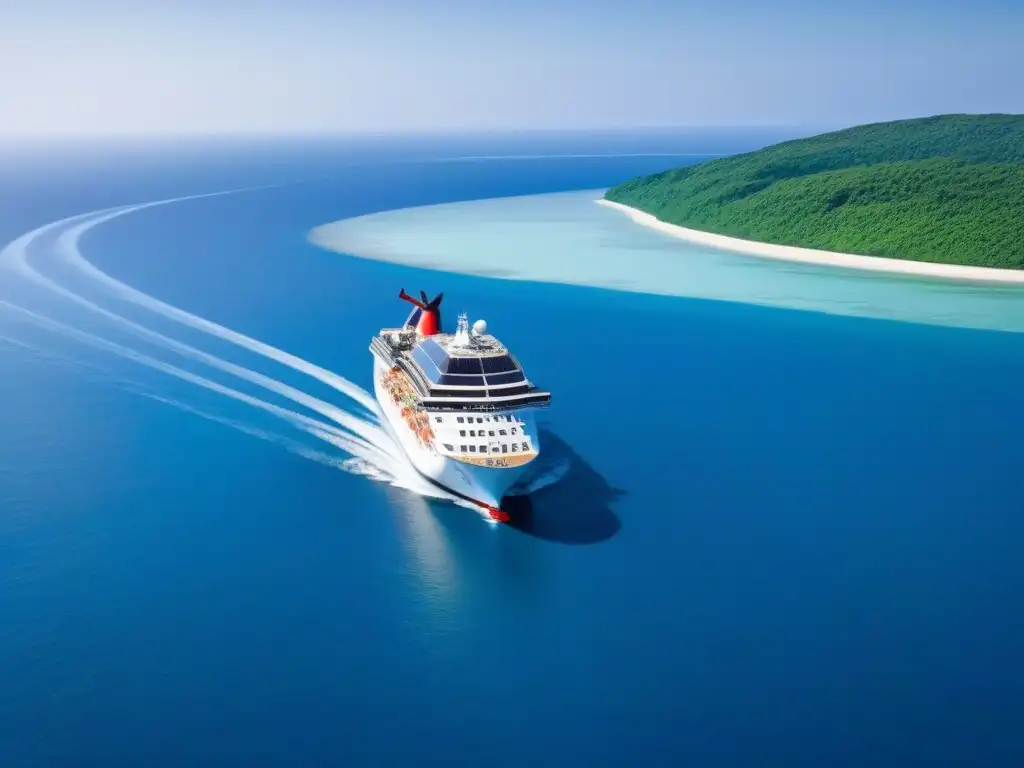 Un crucero marítimo elegante navega entre islas verdes bajo un cielo azul, destacando las energías renovables