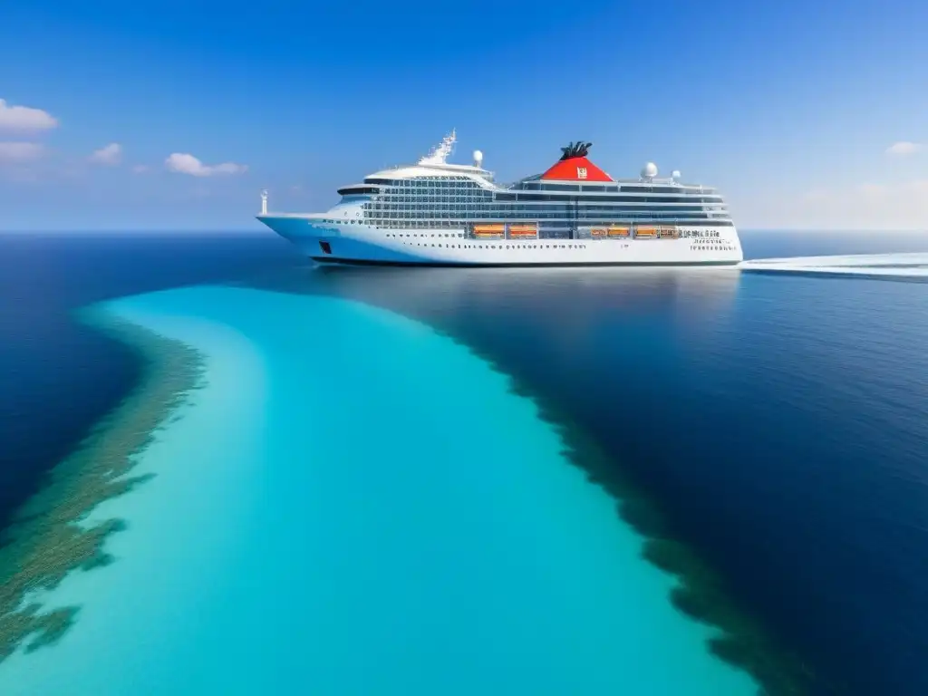 Crucero ecológico de lujo surcando aguas turquesas Un crucero marítimo futurista con diseño ecofriendly, reduciendo desperdicio en cruceros marítimos