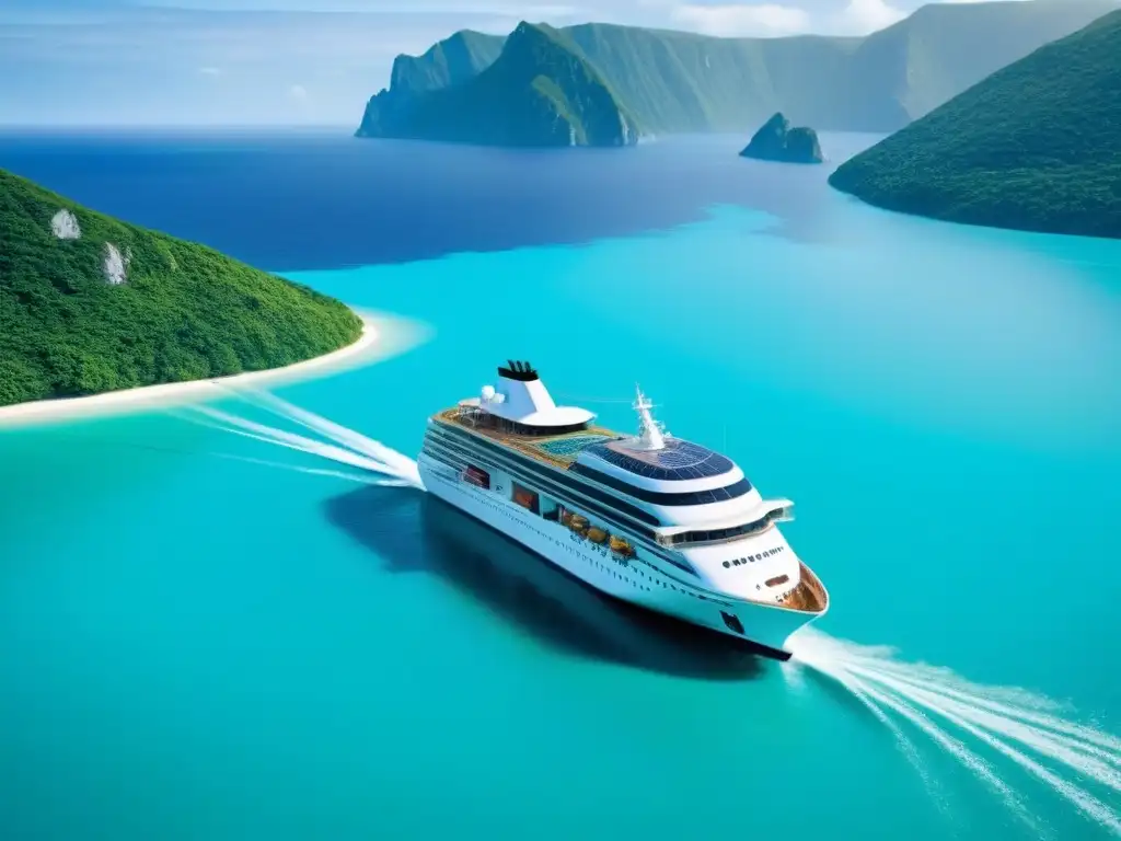 Un crucero marítimo futurista navegando entre islas verdes, impulsado por energías renovables como turbinas eólicas y paneles solares