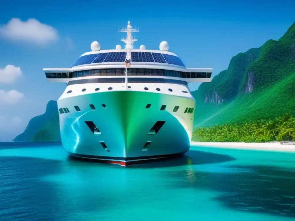 Un crucero marítimo futurista con tecnología verde navegando entre islas verdes y vida marina, mostrando la conservación en cruceros marítimos