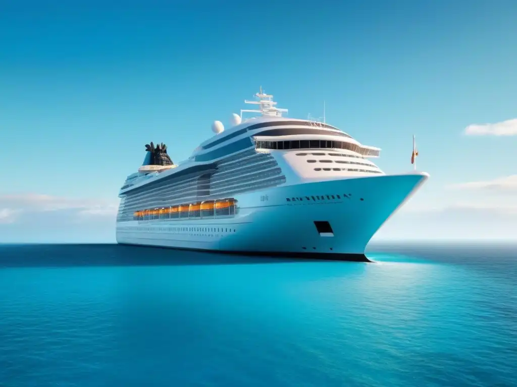 Un crucero marítimo futurista con tecnología inmersiva navegando en aguas turquesas y cristalinas bajo un cielo despejado