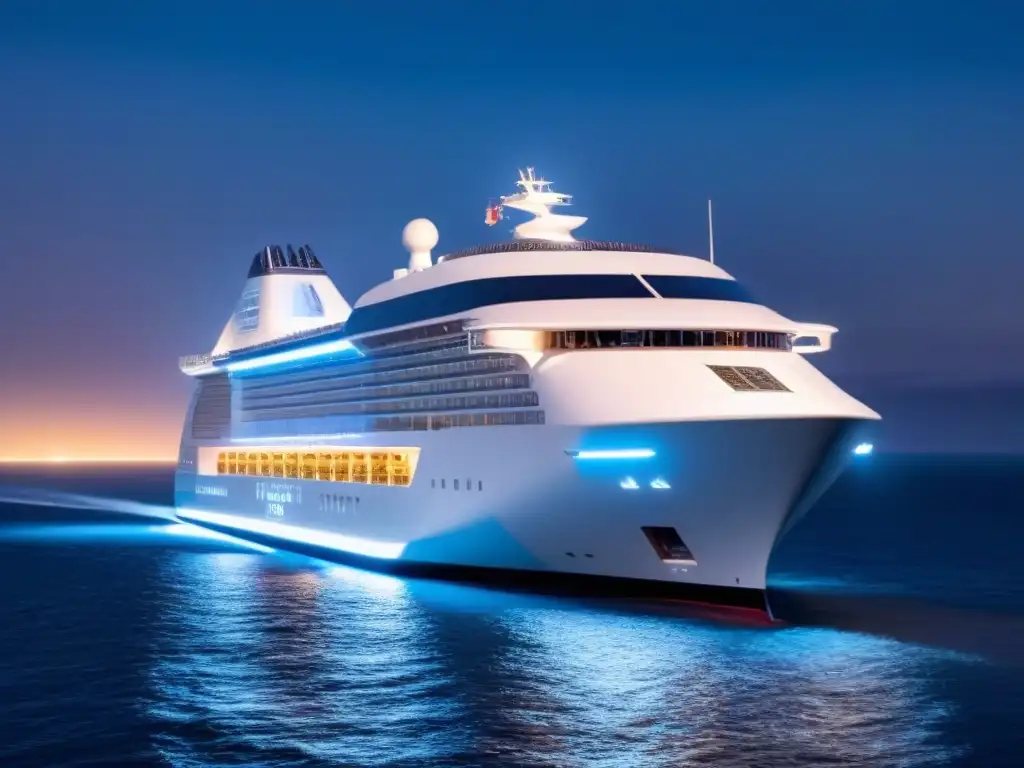 Un crucero marítimo futurista con tecnologías disruptivas navegando bajo un cielo estrellado