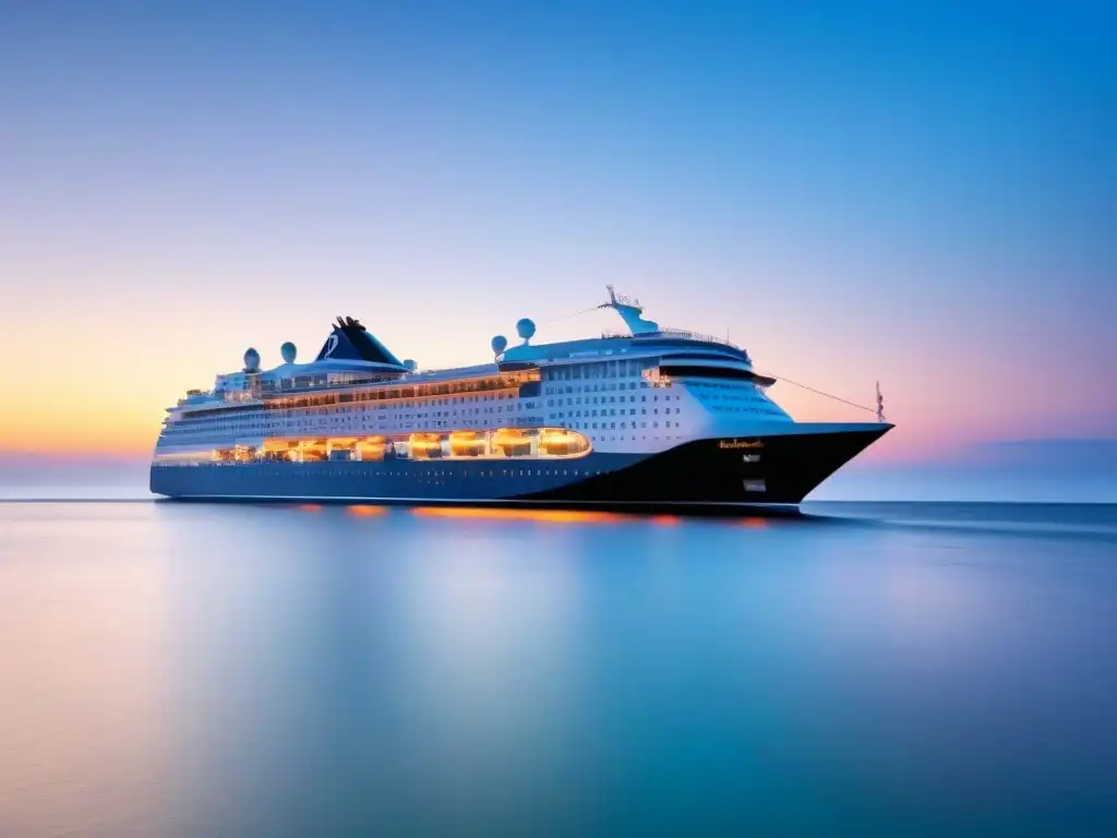 Un crucero marítimo de lujo navegando en aguas cristalinas bajo un cielo despejado al atardecer