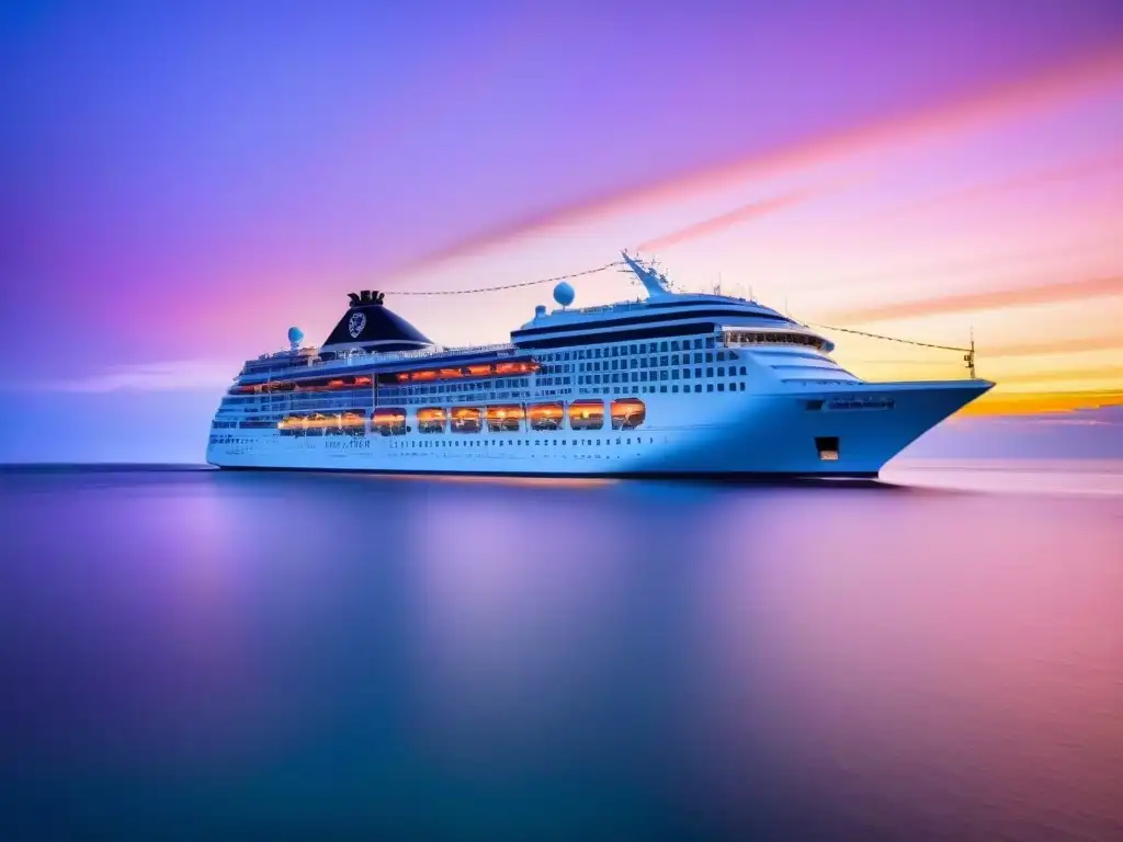 Un crucero marítimo de lujo al atardecer, iluminado y elegante en aguas tranquilas