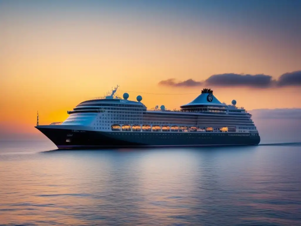 Un crucero marítimo moderno navegando al atardecer en aguas tranquilas