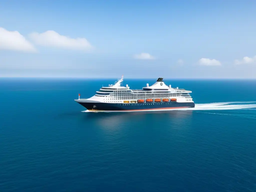 Un crucero marítimo moderno y ecofriendly navegando en aguas cristalinas, con paneles solares y turbinas eólicas