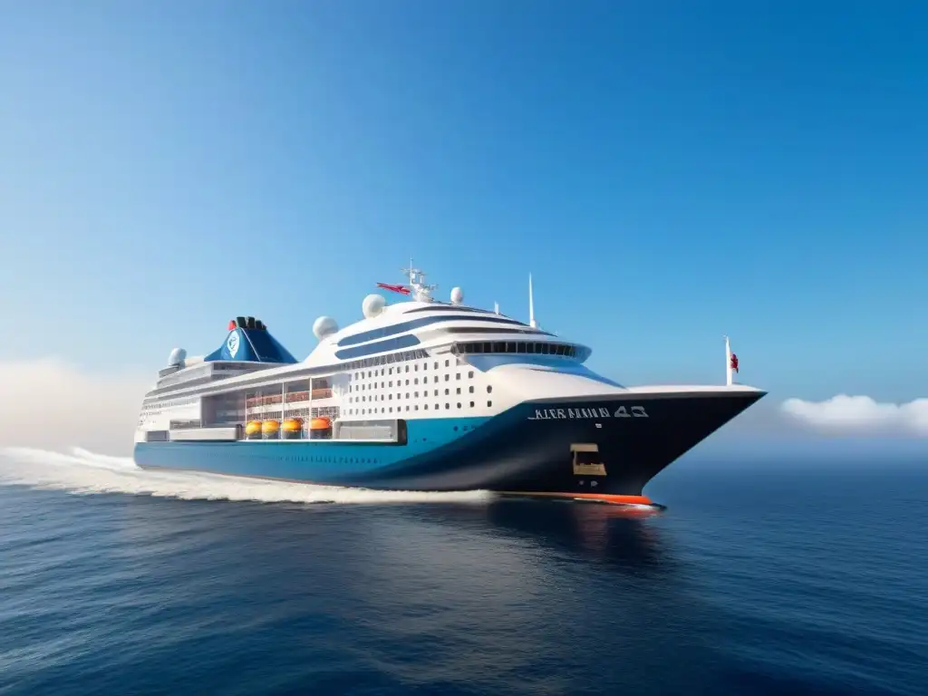 Un crucero marítimo moderno con propulsión eólica navega elegante en aguas cristalinas bajo un cielo azul