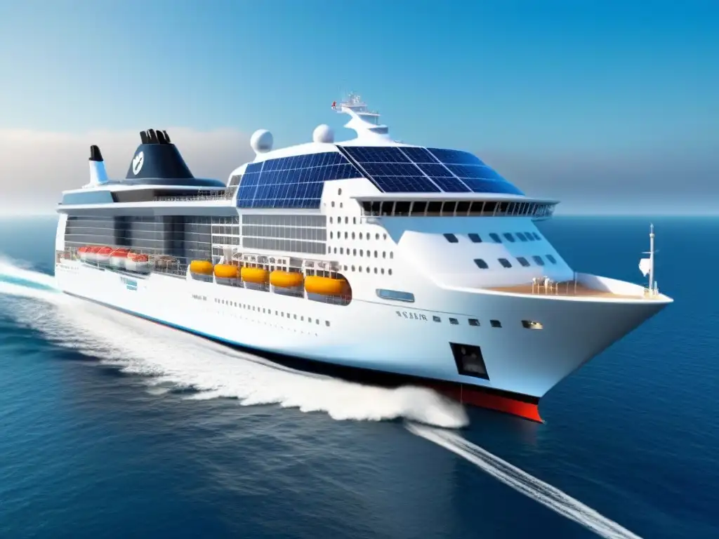 Un crucero marítimo moderno con tecnologías de energía renovable navegando en un océano tranquilo y cielo azul claro