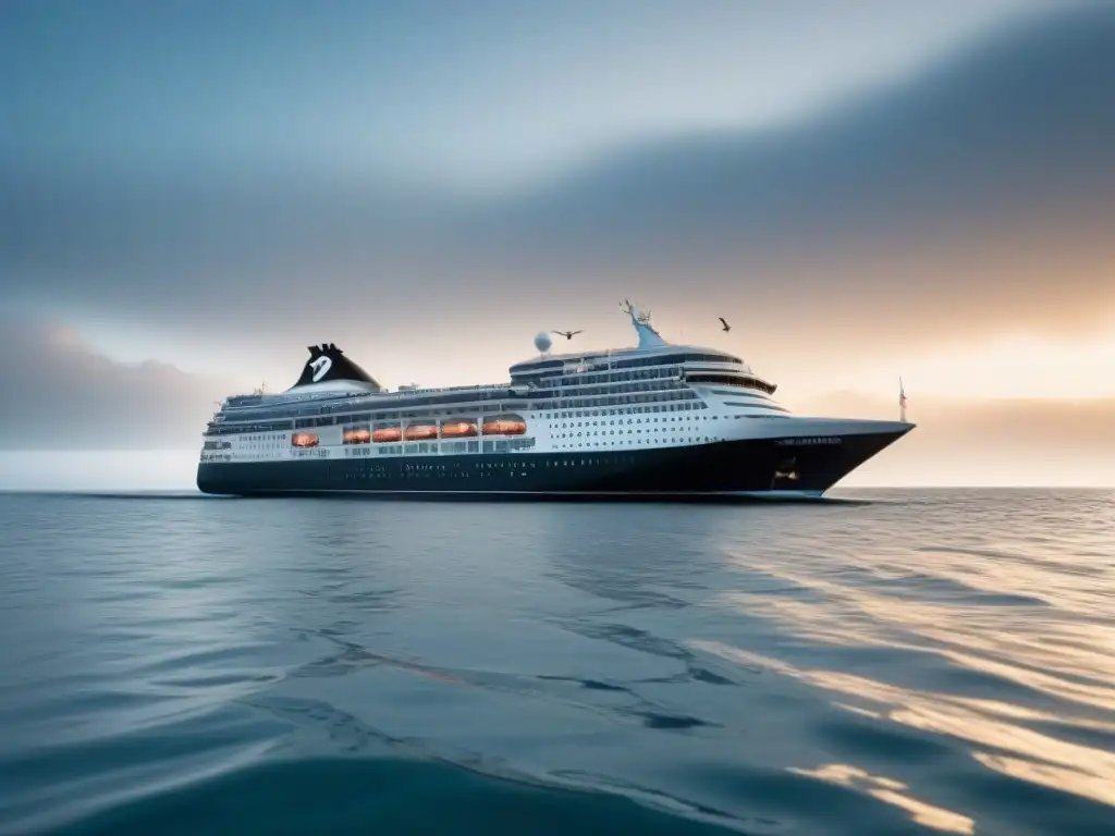 Un crucero de bienestar marítimo navegando sereno en aguas tranquilas, rodeado de gaviotas