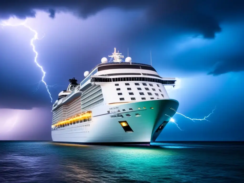 Un crucero en medio de una tormenta nocturna, con rayos y nubes oscuras