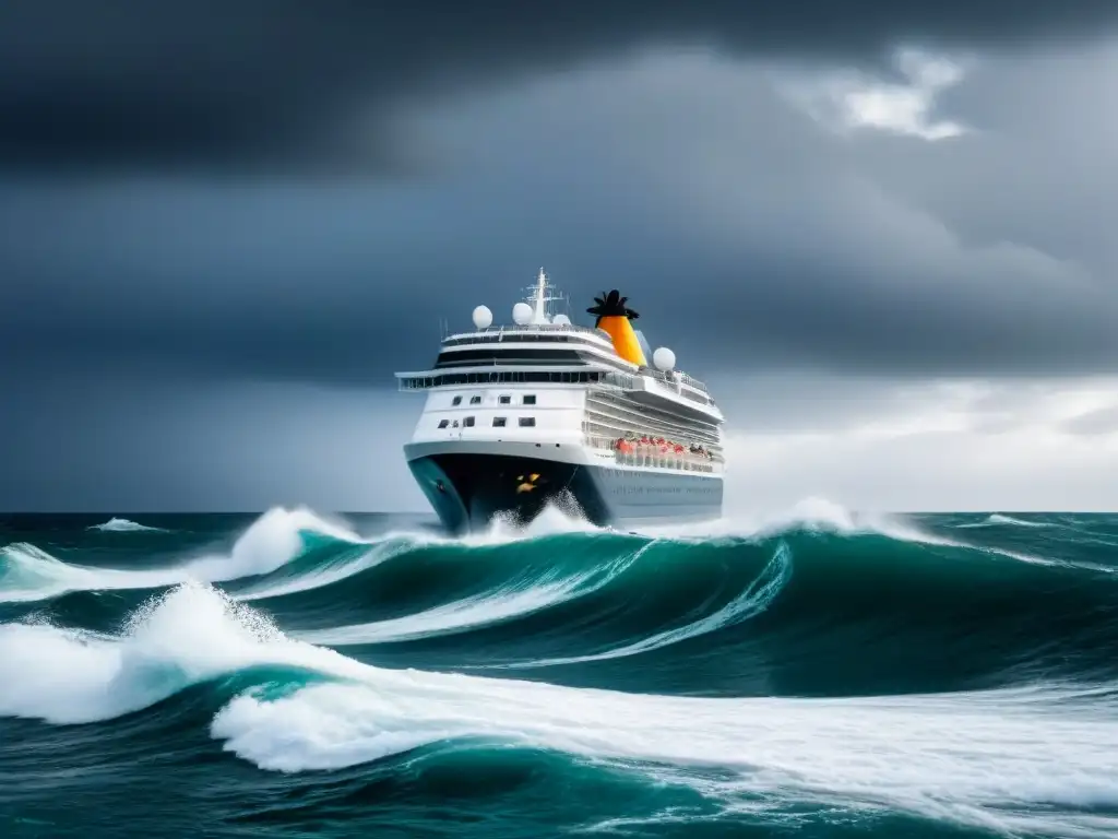 Un crucero navegando en medio de una tormenta con olas gigantes, destacando la importancia del seguro médico para cruceros