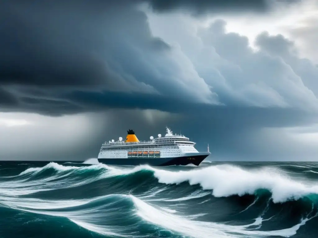 Un crucero navegando en medio de una tormenta con olas poderosas y nubes oscuras