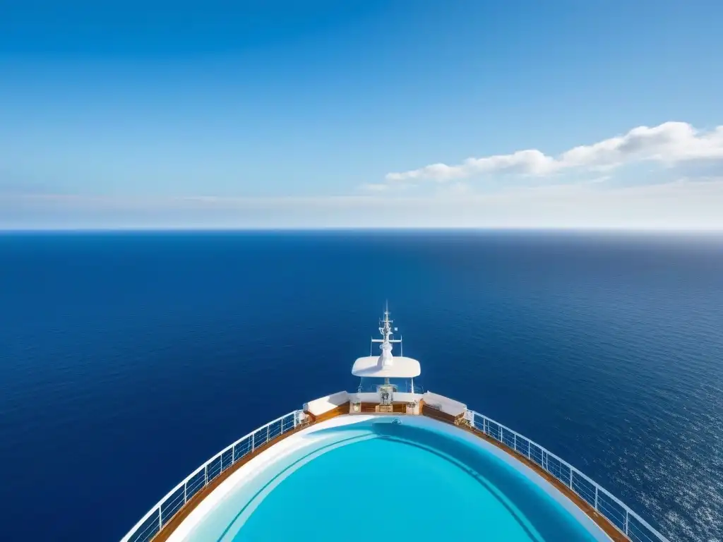 Un crucero mediterráneo navegando en aguas turquesas, con cielo azul y nubes blancas