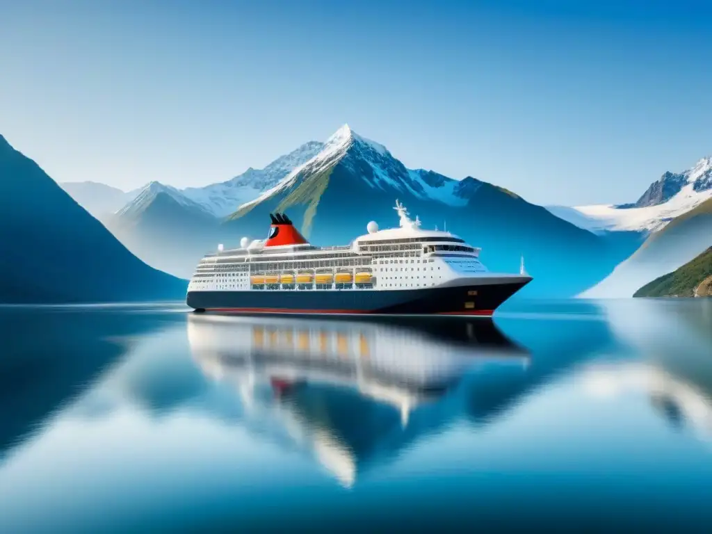 Un crucero explorando mercados inaccesibles en aguas heladas entre montañas nevadas bajo un cielo azul claro, reflejándose en el agua serena