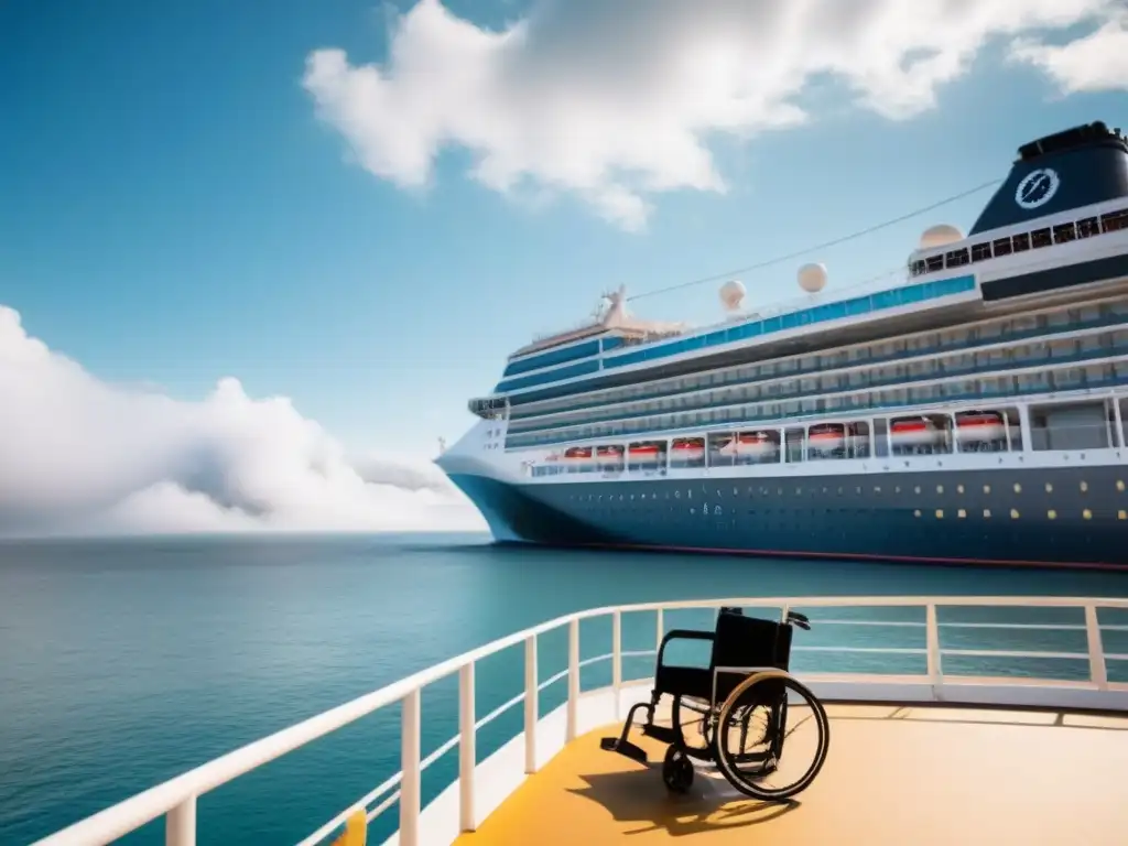 Un crucero moderno y accesible para discapacidades atracado en un puerto, con una rampa suave para sillas de ruedas