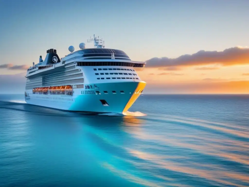 Un crucero moderno surcando aguas turquesa al amanecer, representando avances en turismo marítimo energía limpia