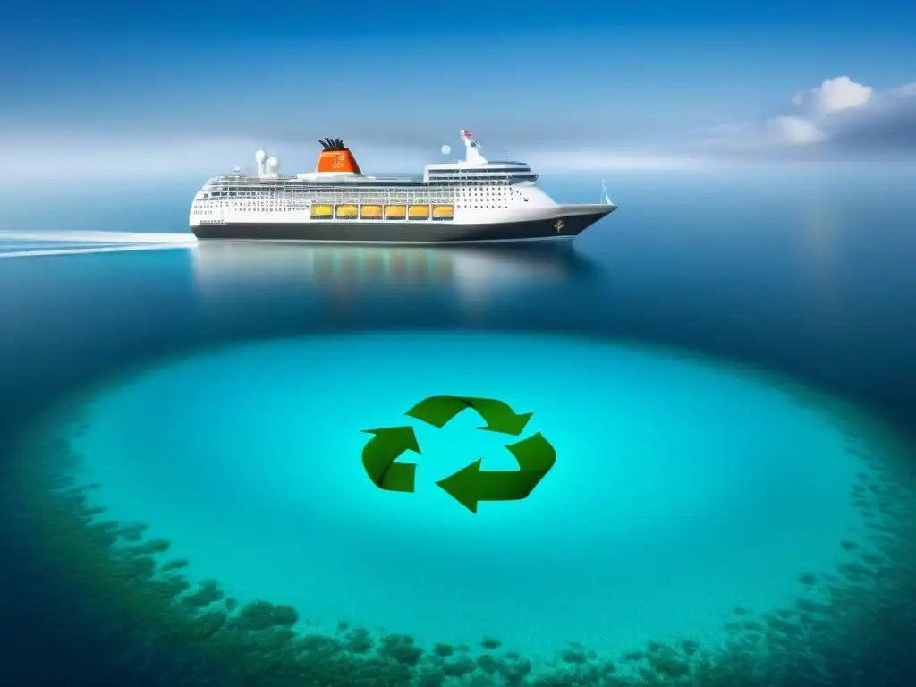 Un crucero moderno en aguas azules con el símbolo de reciclaje, destacando la conservación en cruceros marítimos