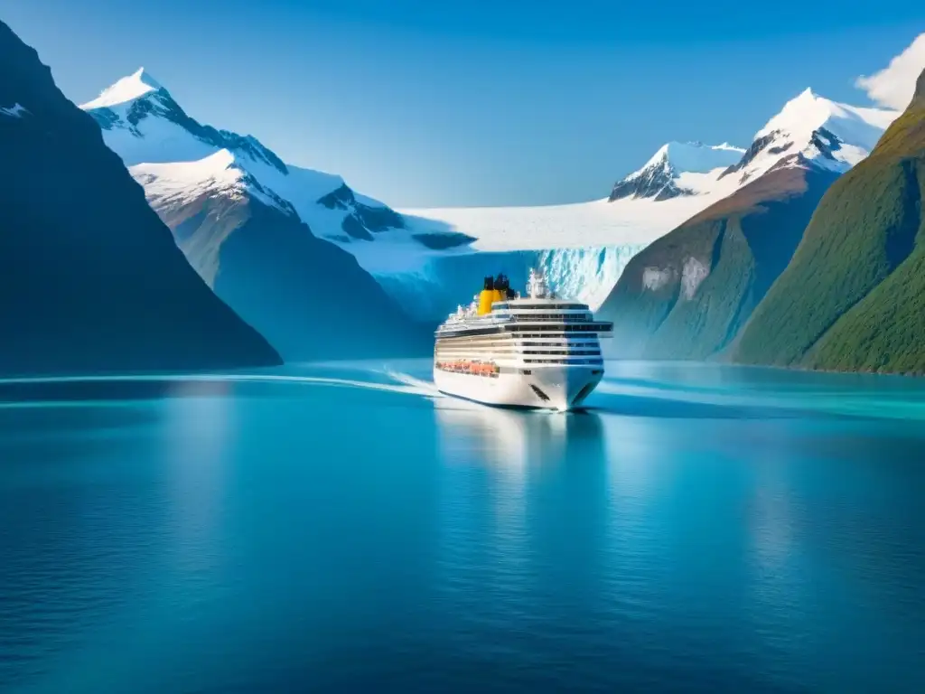 Un crucero moderno surca aguas azules entre glaciares, con montañas nevadas al fondo