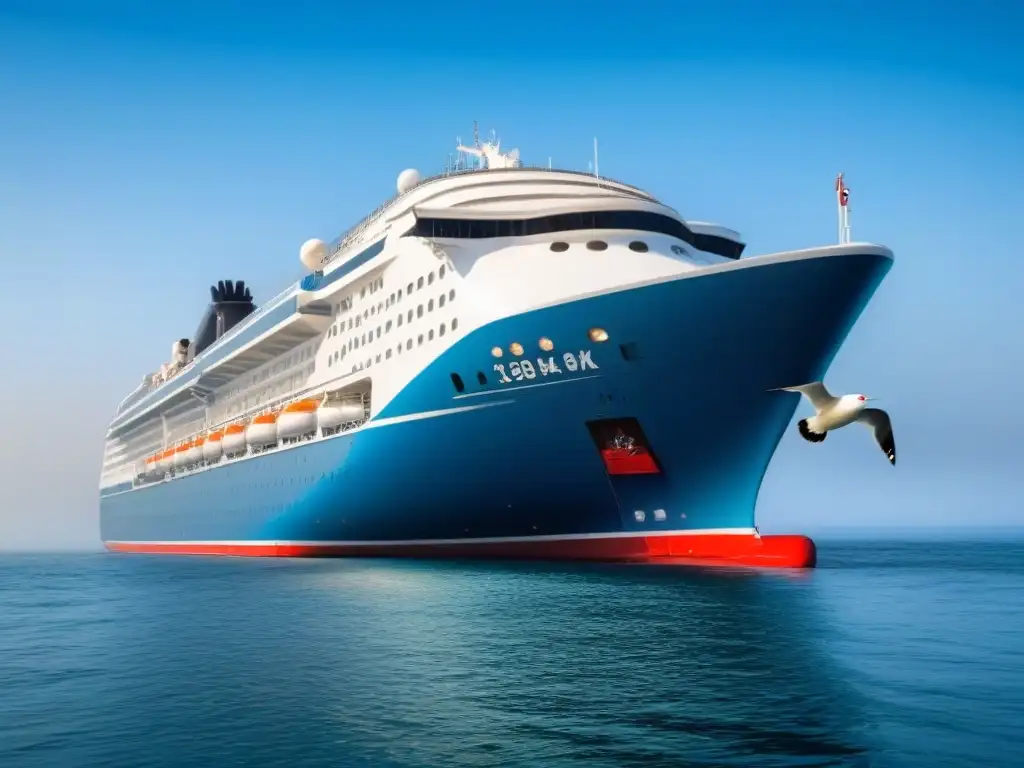 Un crucero moderno navega tranquilamente en aguas calmas bajo un cielo azul, con una gaviota en vuelo