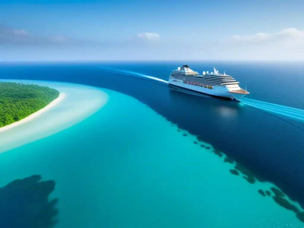 Un crucero moderno navega en aguas cristalinas, rodeado de exuberante vegetación en la costa