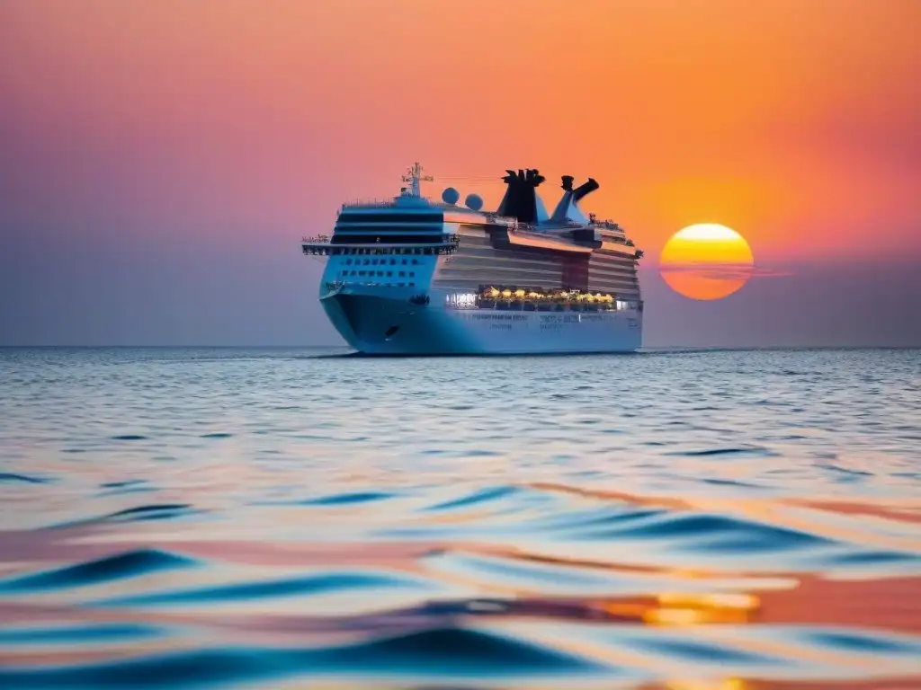 Un crucero moderno surca aguas cristalinas al atardecer, creando una escena de belleza natural