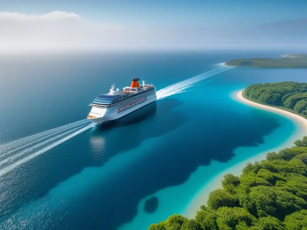 Un crucero moderno navegando en aguas cristalinas con paneles solares y turbinas eólicas, destacando regulaciones ambientales en cruceros