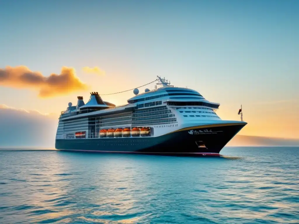 Un crucero moderno navegando en aguas cristalinas al atardecer, reflejando lujo y tranquilidad