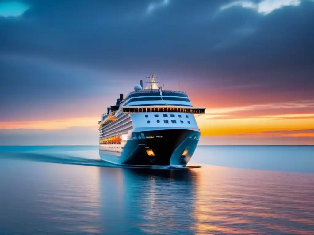 Un crucero moderno surca aguas cristalinas al atardecer, conectividad en alta mar cruceros