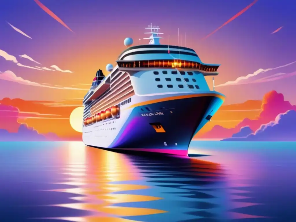 Un crucero moderno surca aguas cristalinas al atardecer