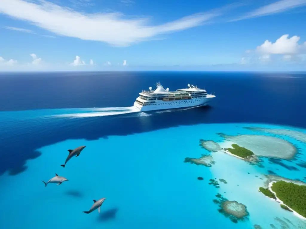 Un crucero moderno navegando en aguas cristalinas, rodeado de delfines, tortugas marinas y arrecifes de coral