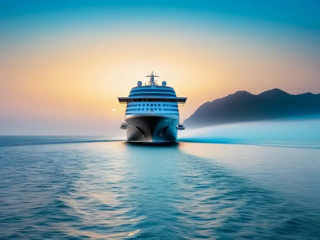 Navegación sostenible: crucero moderno en aguas cristalinas Un crucero moderno avanza en aguas cristalinas con tecnología de propulsión limpia, promoviendo un futuro sostenible para los cruceros marítimos