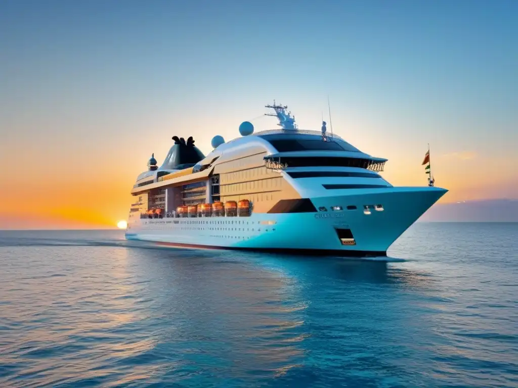 Crucero eco-friendly navegando hacia el atardecer dorado Un crucero moderno surcando aguas cristalinas al atardecer, con tecnología de propulsión limpia