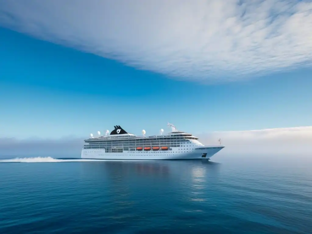 Un crucero moderno surcando aguas cristalinas bajo un cielo azul, destacando experiencias únicas a bordo cruceros