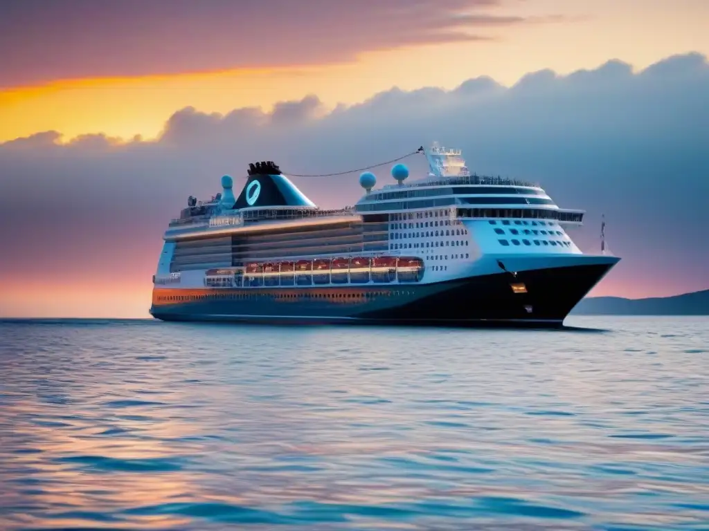 Un crucero moderno avanza suavemente sobre aguas cristalinas al atardecer, evocando la tranquilidad de los populares cruceros temáticos de aventura