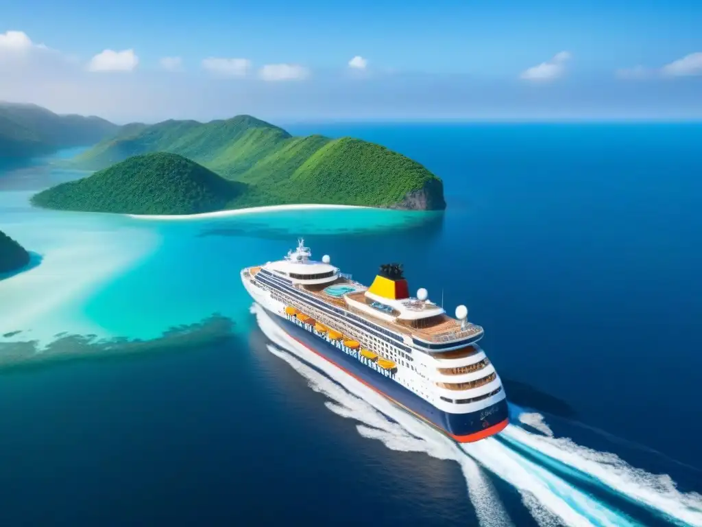 Un crucero moderno avanza en aguas cristalinas, rodeado de islas verdes bajo un cielo azul, con sistemas de propulsión verde integrados