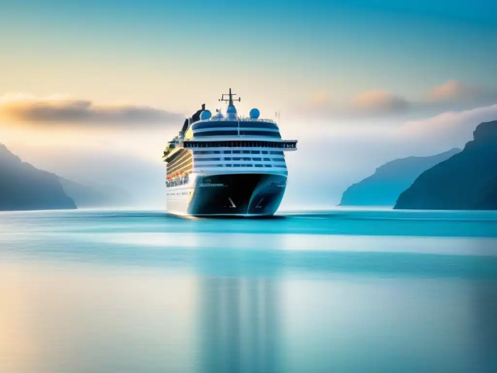 Un crucero moderno surcando aguas cristalinas bajo un cielo despejado, reflejando lujo y tranquilidad