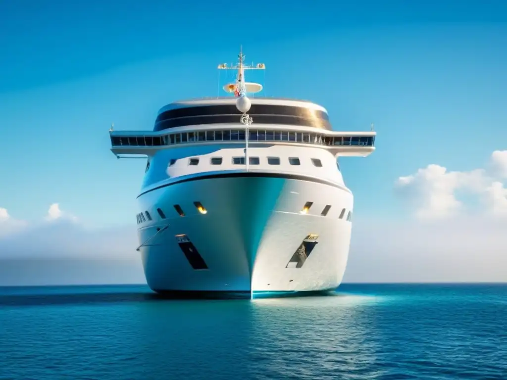 Un crucero moderno navega en aguas cristalinas bajo un cielo azul claro, transmitiendo tranquilidad y pureza