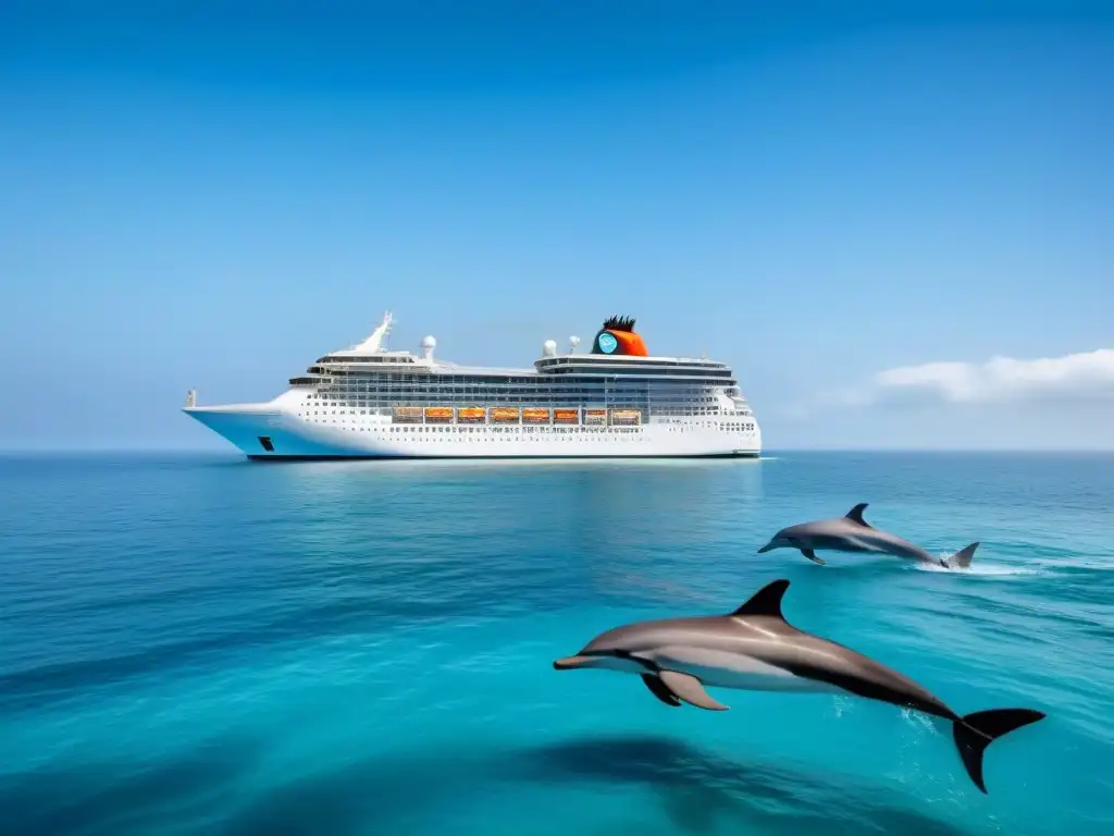 Un crucero moderno navega en aguas cristalinas junto a delfines, ejemplificando compromisos sostenibilidad cruceros marítimos