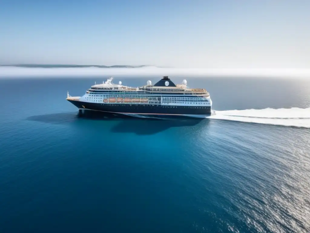 Un crucero moderno navegando en aguas cristalinas y tranquilas, transmitiendo armonía con la naturaleza