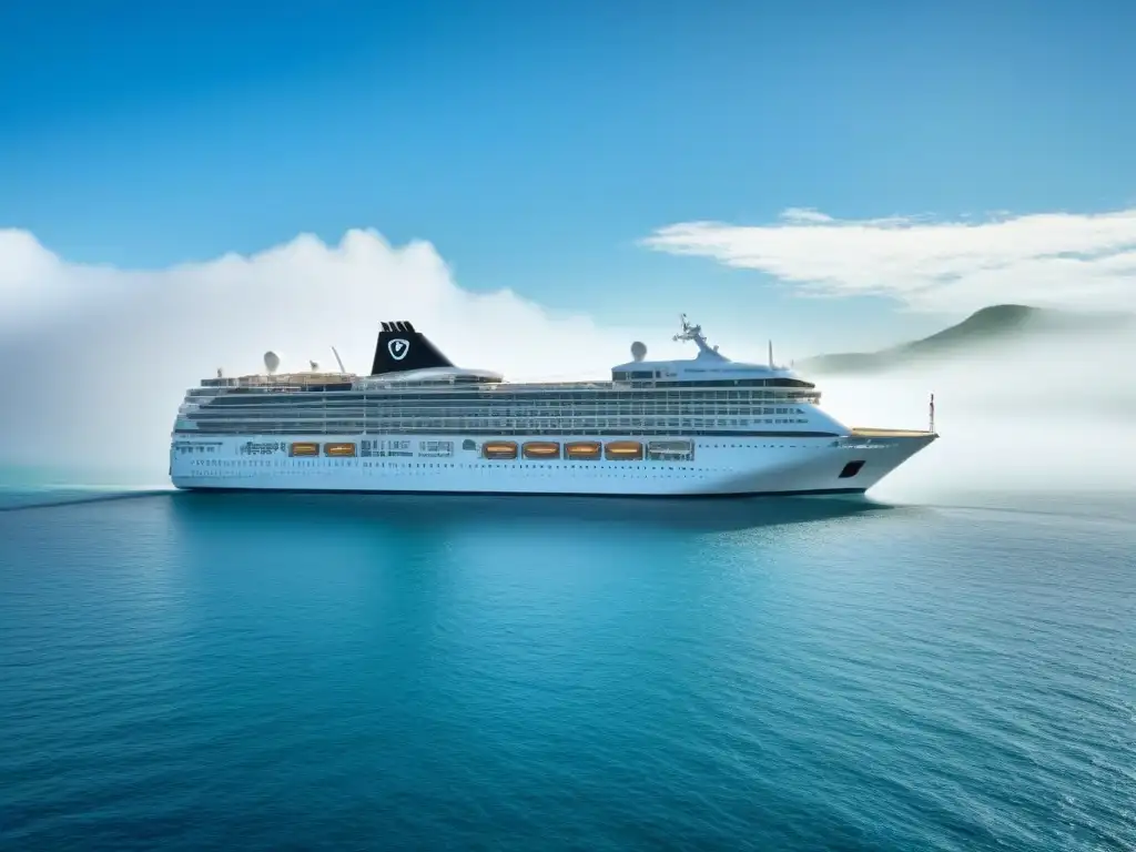 Un crucero moderno navegando en aguas cristalinas bajo un cielo despejado, rodeado de vegetación exuberante