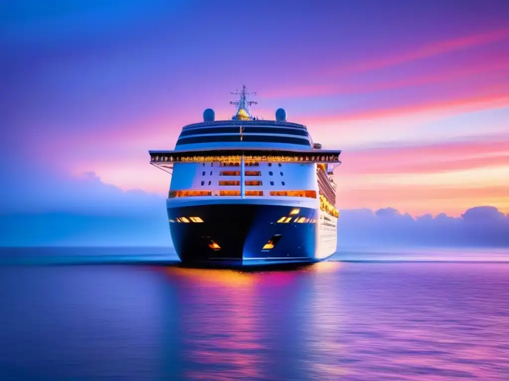 Un crucero moderno navega serenamente sobre aguas cristalinas al atardecer, evocando sostenibilidad oceánica en turismo