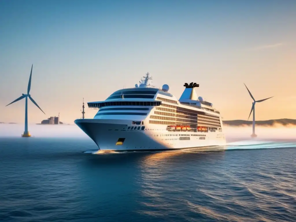 Un crucero moderno navegando suavemente en aguas cristalinas con turbinas eólicas, simbolizando el futuro de los cruceros con energías renovables