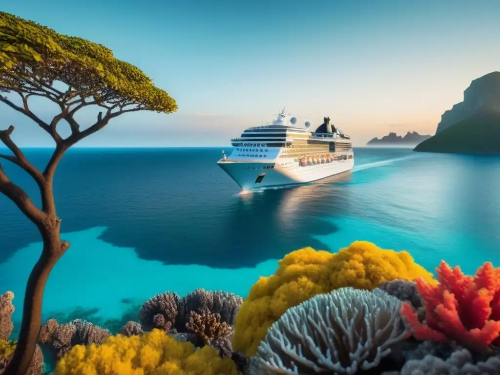 Crucero moderno en aguas turquesa: belleza y responsabilidad Un crucero moderno navega por aguas cristalinas rodeado de arrecifes de coral y vida marina colorida al atardecer