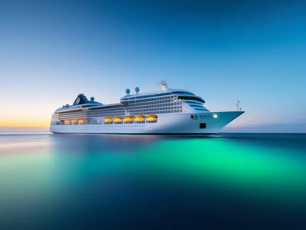 Un crucero moderno navega en aguas cristalinas bajo un cielo estrellado, fusionando turismo marítimo sostenible con criptomonedas